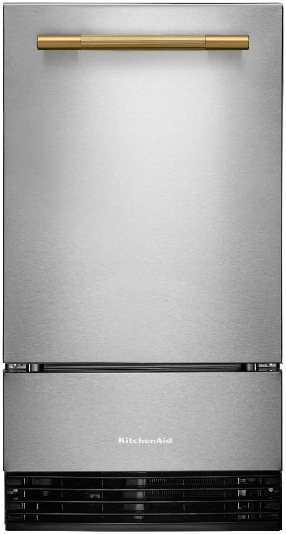 KitchenAid 18 Inch Freestanding/Built-In Undercounter Clear Ice Maker with 35 lbs. Ice Storage Capacity, Drop-Down Door, PrintShield™ Finish, Fully Flush Installation, Self-Cleaning Cycle, Filter-Ready, Built-In Drain Pump System, and Max Ice: PrintShield™ Stainless Steel